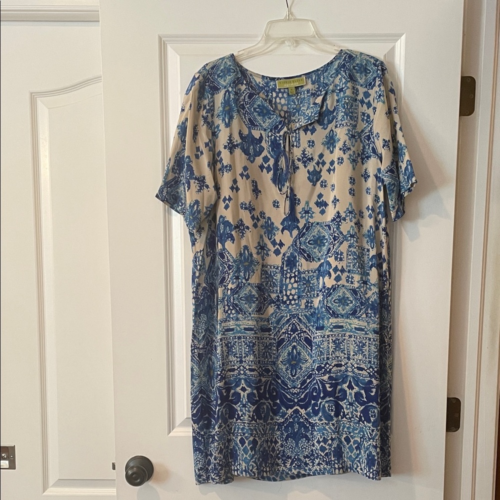 Sigrid Olsen Blue and Cream Tile-Print Tunic dress 100 silk